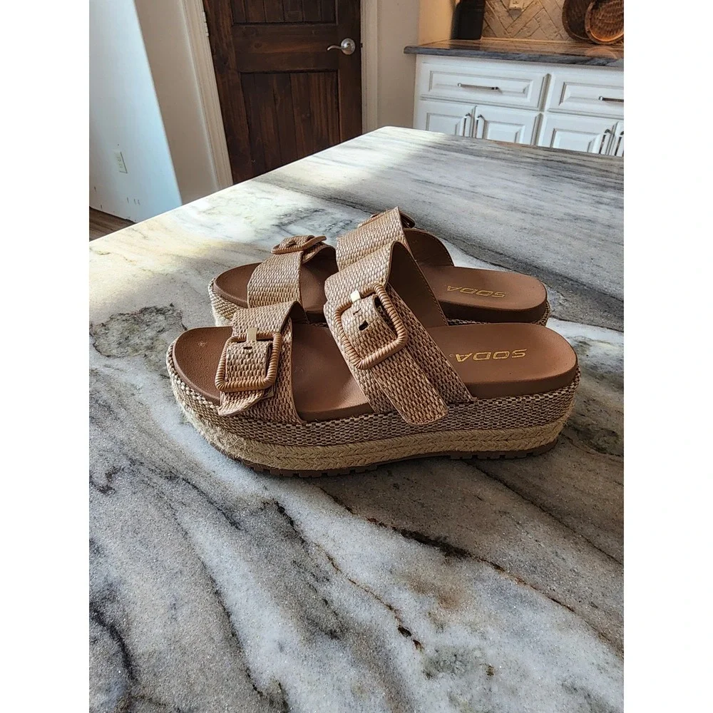 Boutique Womens Woven Espadrille Platform Slide Sandals Tan Size 7 Boho Coastal
